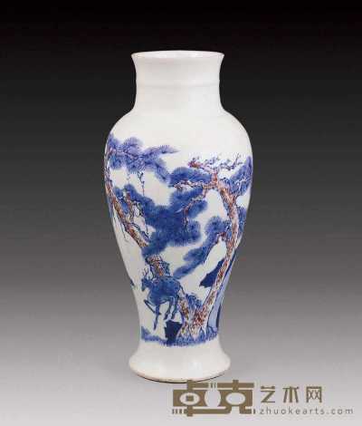 民国 青花加紫松鹿瓶 高24.5cm